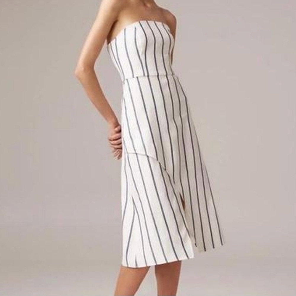 C/Meo Diffuse Blue / Ivory Striped 100% Linen Wrap Strapless Midi Dress NWT M